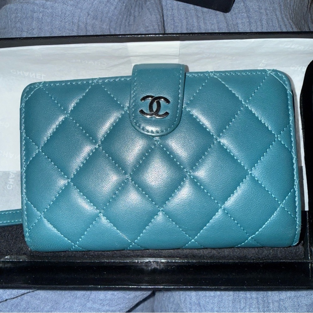 CHANEL Lambskin Quilted Teal Leather CC Snap Wallet